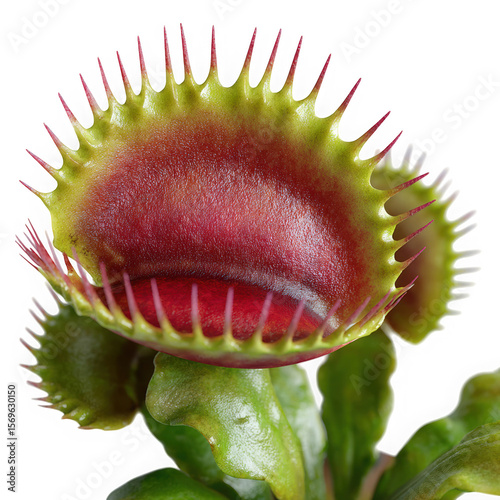 Detailed macro view of a vibrant venus flytrap with open jaws isolated on transparent background
