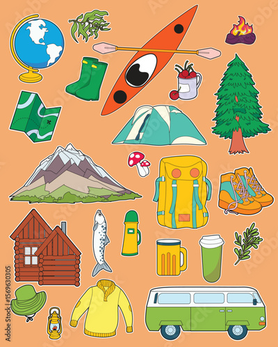 Collection of cute camping and nature stickers with colorful adventure and travel elements. Great for outdoor, hiking, exploration, or travel themed design and decoration.