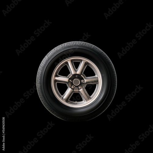 Compact spare tire with minimal tread, featuring sleek alloy wheel design, is showcased against black background, emphasizing its modern aesthetic and functionality