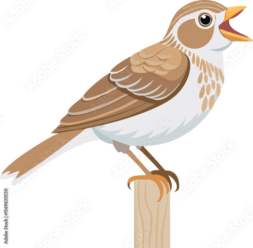 Vesper sparrow singing from fence post, head tilted, songbird, open field, illustration