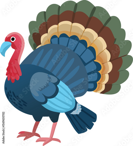 Wild turkey strutting with fanned tail, displaying feathers, forest bird, game bird, illustration