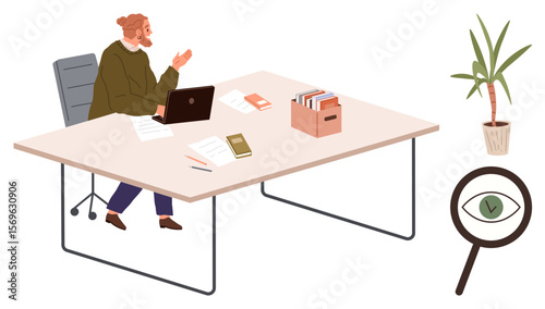 Person working on a laptop at their office desk with papers, books, documents organizer. Magnifying glass for focused analysis, plant for decor. Ideal for workplace, productivity, focus, planning