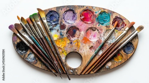 a wooden artists palette with smears of mixed watercolor paints