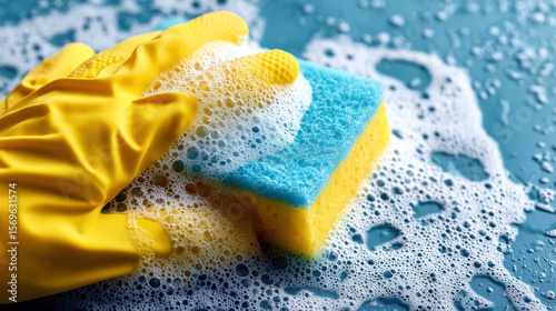 Close-up of a hand wearing a yellow rubber glove cleaning a surface with a blue and yellow sponge creating soap bubbles on a bright turquoise background