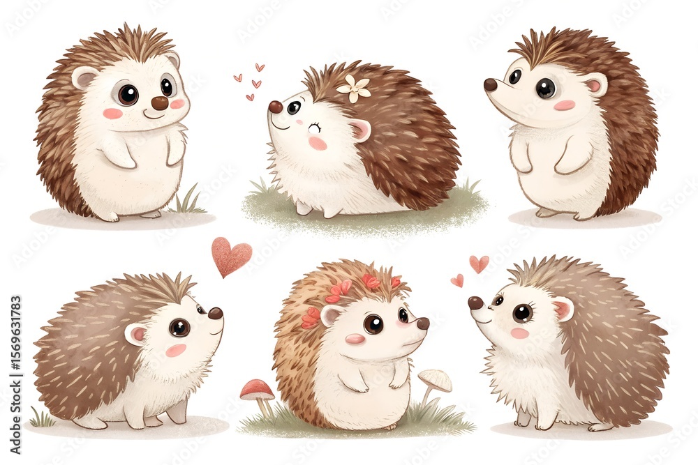 Fototapeta premium A charming watercolor illustration set of six adorable hedgehog characters with big eyes, hearts, and flowers. generative ai