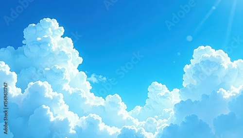 Lush, vibrant watercolor blue sky with fluffy white clouds , color, dreamy