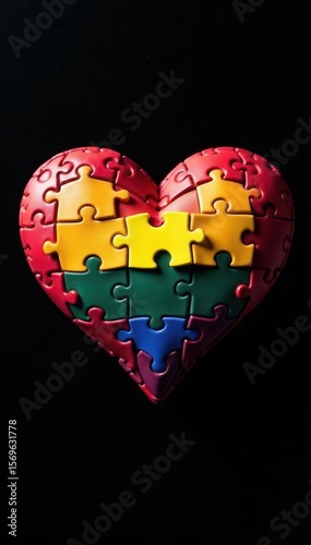 LGBT flag heart puzzle, vibrant rainbow, isolated on black, gay, lesbian