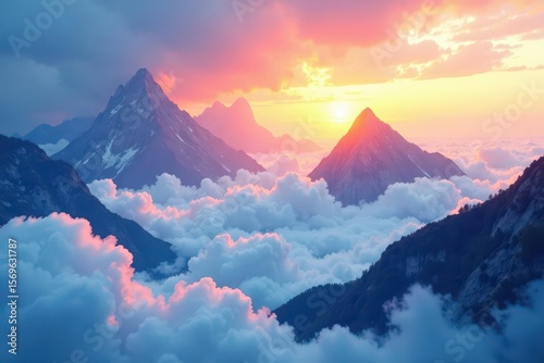 Lush watercolor cloudscape, rainbow peeking through misty peaks , sky, soft
