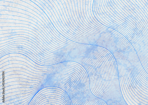 Blue curved linear waves on white grunge background. Abstract retro vector design