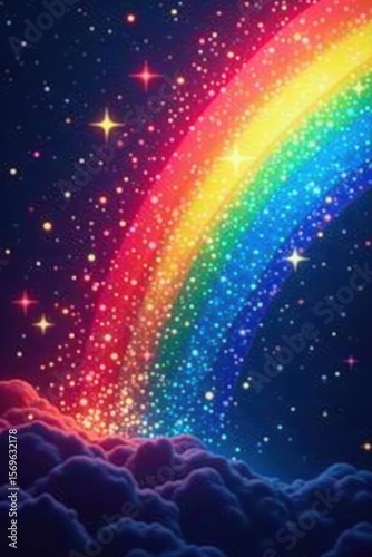 Vibrant rainbow sunburst, glittering stars sparkle , fantasy, holographic, shine