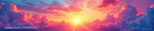 Vibrant rainbow sunset, fluffy clouds Watercolor texture , background, purple