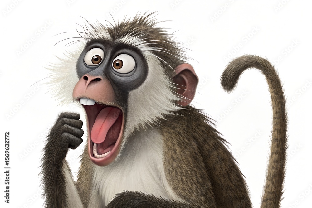 Obraz premium A funny 3D cartoon portrait of a shocked monkey character with wide eyes and an open mouth, isolated on a white background. generative ai