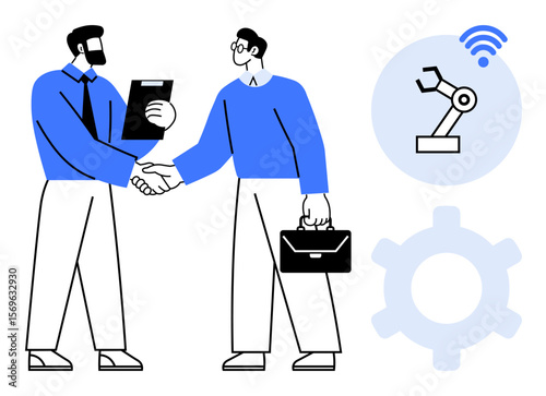 Two businesspeople handshake in agreement, clipboard and briefcase in hand, with robotic arm, gear, and wireless connectivity icons. Ideal for collaboration, technology, innovation, teamwork