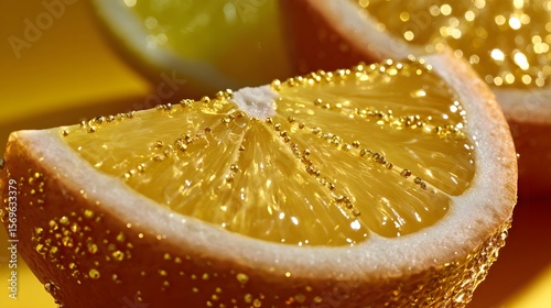 Close-up of a fresh lemon slice with sparkling droplets.