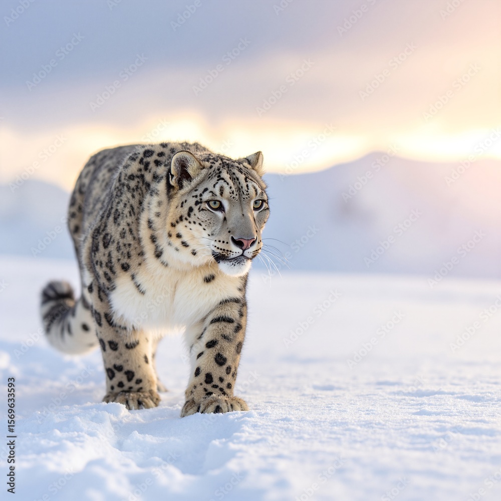 Obraz premium A majestic snow leopard gracefully strides through a vast, pristine snowy field, its thick, spotted fur blending beautifully with the winter landscape.