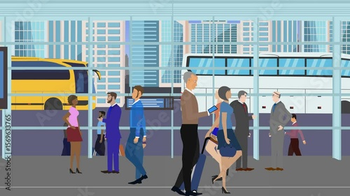 Cartoon animation of people walking in the bus station, traveling city background view