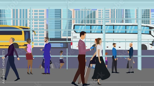 Cartoon animation of people walking in the bus station, traveling city background view