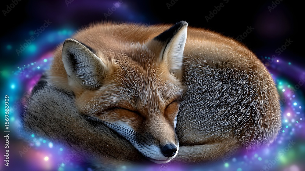 Fototapeta premium Sleeping fox curled up and dreaming peacefully
