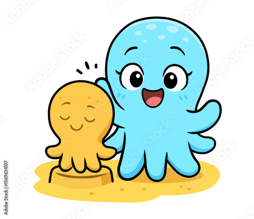 Cute octopus character proudly shows off a sand sculpture of another octopus. A charming vector illustration about creativity, friendship, and beach fun. Perfect for a greeting card or childrens story