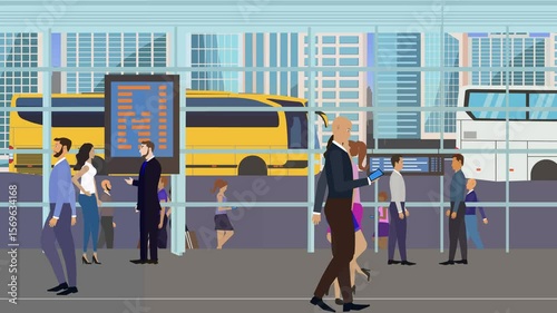 Cartoon animation of people walking in the bus station, traveling city background view