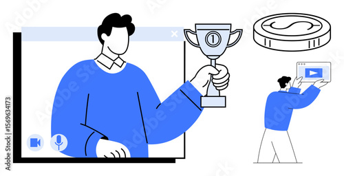 Man holding trophy on video call, digital coin and user with tablet. Ideal for achievement, gamification, online events, learning, motivation, digital platforms, simple landing page