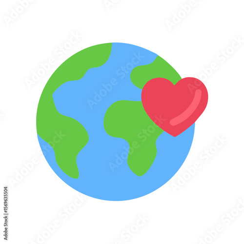Flat Earth Icon with Red Heart Symbol Representing Love for the Planet and Environmental Care
