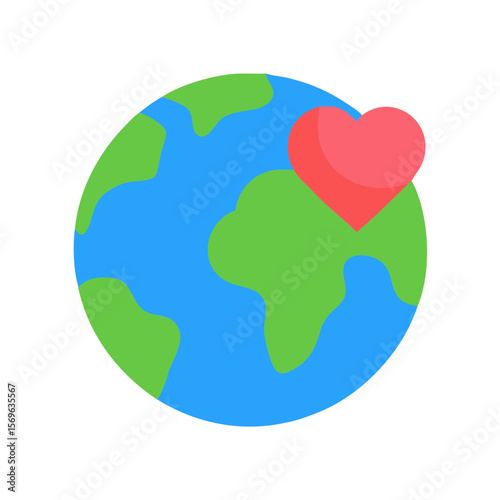 Flat Earth Icon with Red Heart Symbol Representing Love for the Planet and Environmental Care
