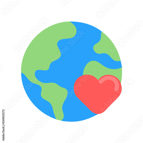 Flat Earth Icon with Red Heart Symbol Representing Love for the Planet and Environmental Care
