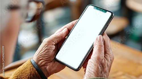 Senior hands hold a modern smartphone with a blank screen, symbolizing the elderly embracing technology and digital connectivity.