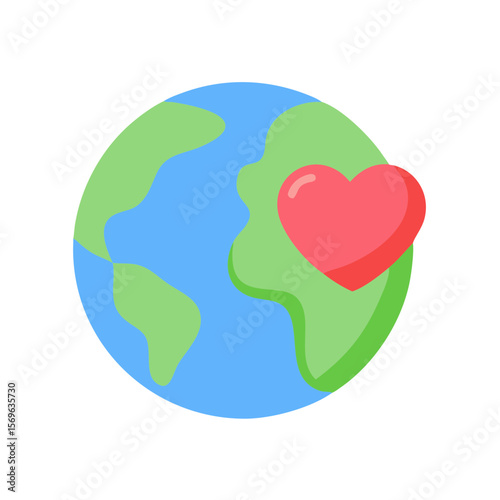Flat Earth Icon with Red Heart Symbol Representing Love for the Planet and Environmental Care
