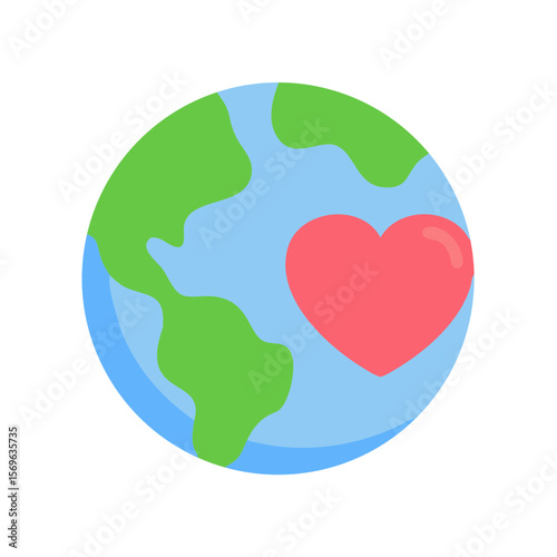 Flat Earth Icon with Red Heart Symbol Representing Love for the Planet and Environmental Care
