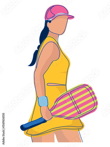Vector illustration of woman pickleball player in yellow dress holding  paddle. Ideal for use in sports-themed posters, articles, promotional materials