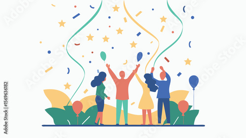 Group of people celebrating with confetti and balloons in a festive atmosphere illustration scene with joy