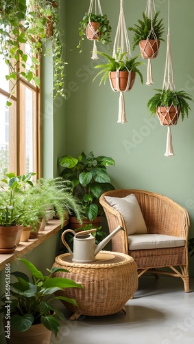 Cozy green interior space with thriving houseplants in pots and hanging planters creating a relaxing and inviting atmosphere.