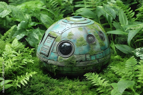 An aged, moss-covered spherical droid or technological artifact nestled amongst lush green foliage, symbolizing nature's reclamation and a sci-fi ecological narrative.
