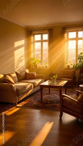 Warm sunbeams fill a cozy living room with a sofa, armchairs, rug, and plants creating a relaxing ambiance.