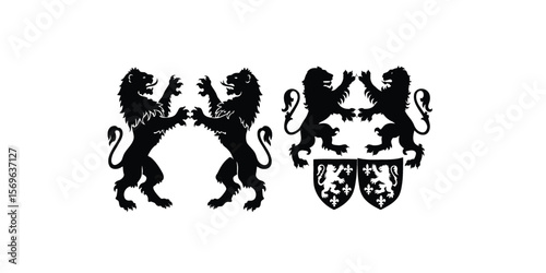 Print  Wild beast lions fight battle vector silhouette illustration isolated. Heraldic lion. Animal symbol coat of arms. City in Europe seal.