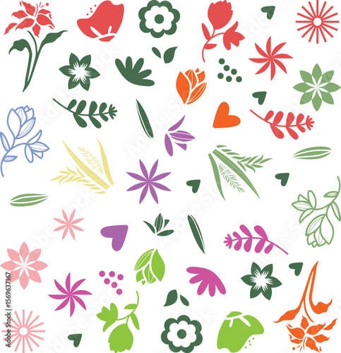 Beautiful romantic flower collection with roses, leaves, floral bouquets, flower compositions
