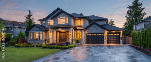The stunning luxury home with elegant facade and tranquil evening ambiance.