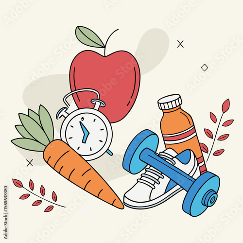 Healthy Lifestyle Essentials – Vibrant Flat Design Illustration of Apple, Carrot, Dumbbell, Sneaker, Alarm Clock, and Juice Bottle Promoting Fitness, Nutrition, and Well-Being


