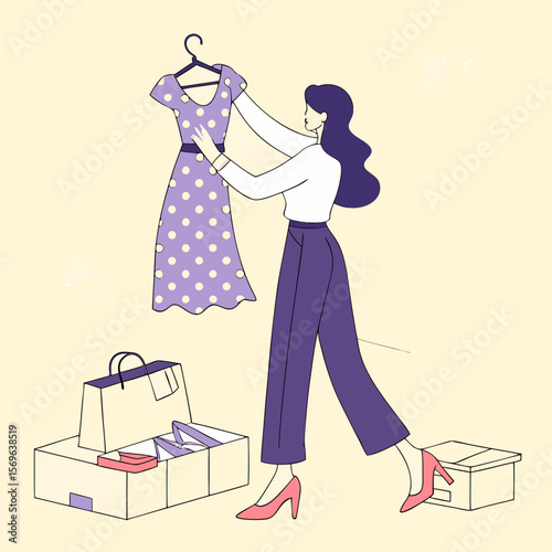 Woman Choosing a Dress – Flat Vector Illustration of Fashion Shopping with Elegant Outfit, Boxes & Bags for Retail, Style & Consumer Designs

