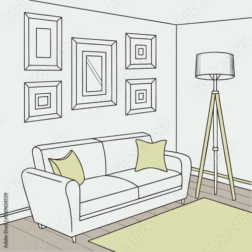 Modern Living Room Interior – Clean Flat Vector of Cozy Sofa, Gallery Wall, Tripod Floor Lamp & Soft Rug in Minimalist Contemporary Home Decor Scene

