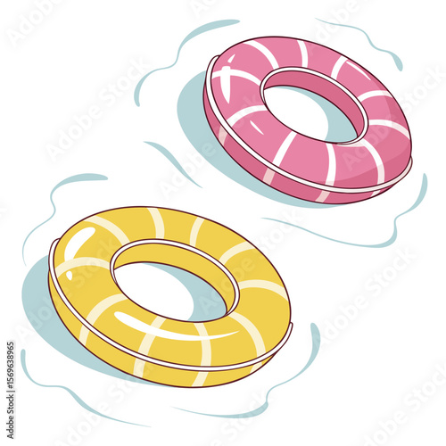 Colorful Striped Swim Rings – Vibrant Vector of Yellow & Pink Inflatable Pool Floats on Light Blue Water Background for Summer, Vacation & Fun Designs

