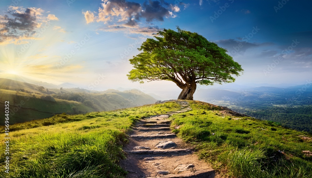 whimsical path leads to tree on hilltop fantasy landscape