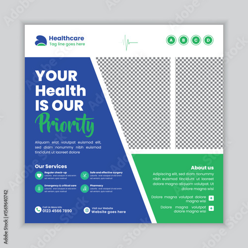 Medical and hospital services social media post banner design, Clinic and doctor appointment Facebook and Instagram post template