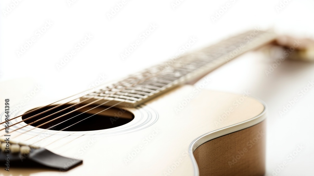 Obraz premium A single acoustic guitar isolated on white, showcasing detailed craftsmanship in a studio setting.