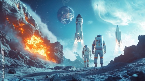 Spectacular cosmic exploration vista with astronauts observing rocket launch