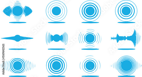 Blue sound waves and circles on white audio signal
