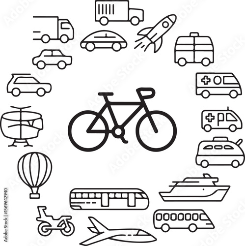 Diverse Transportation Icons An Illustrative Collage Displaying Various Modes of Transport Including Cars, Bikes, Planes, and More All Encircling a Bicycle