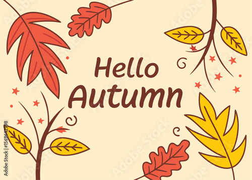 Charming Hello Autumn Illustration Featuring Colorful Leaves Twigs and Stars on a Creamy Background for Seasonal Greetings